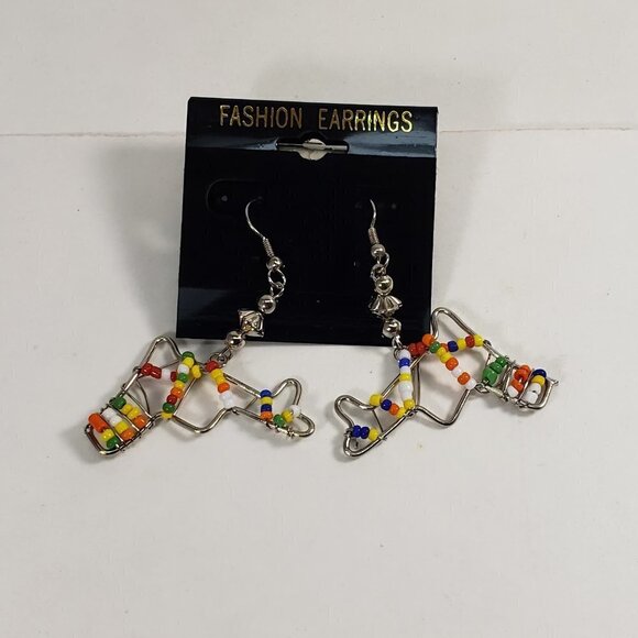 Handmade Colorful Beaded Silver tone Wire Drop Earrings Boho Festival Jewelry - Picture 5 of 8